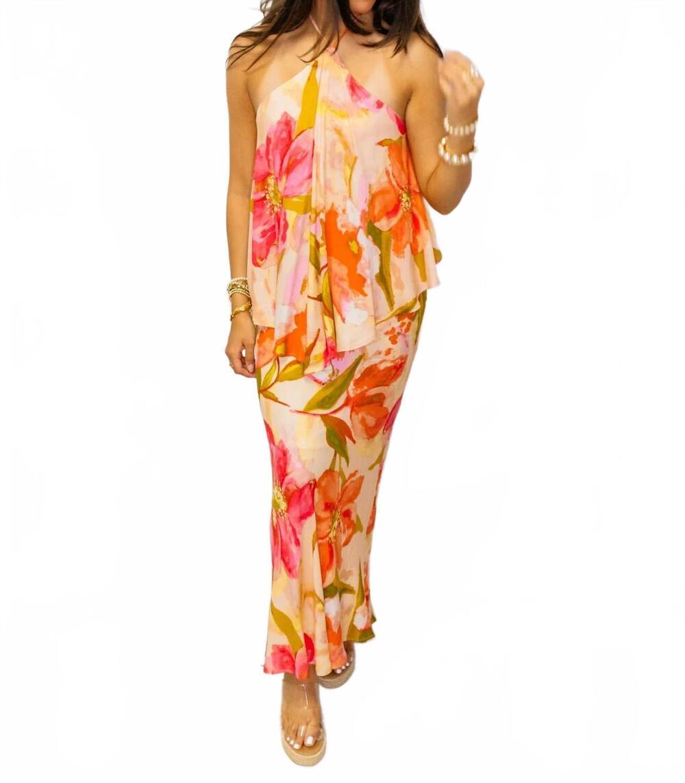 NEW SUNDAY EDITION tropical floral halter dress in peach